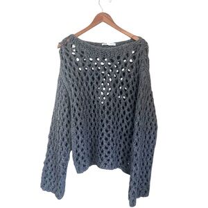 Zara Charcoal Gray Open-Knit Crewneck Sweater